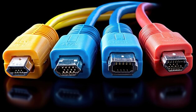 Four Colorful Cables With Parallel Connectors Against A Black Background