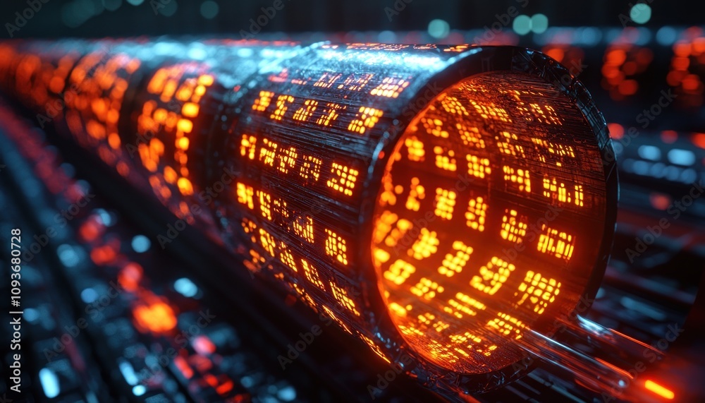 Poster illuminated metallic cylinder with orange grid pattern