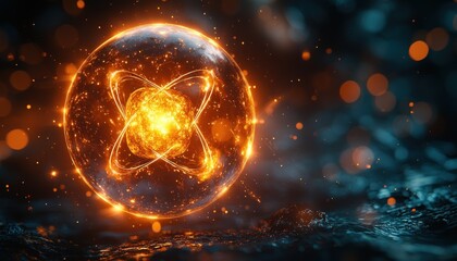Obraz premium Glowing Orange Sphere with Lines and Sparks over Dark Water