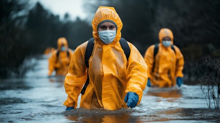 Healthcare workers in waterproof gear wade through floodwaters, focused on their task amidst a gloomy environment