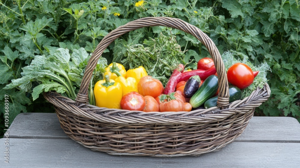 Poster a wicker basket is filled with assorted fresh vegetables including peppers, tomatoes, and cucumbers,