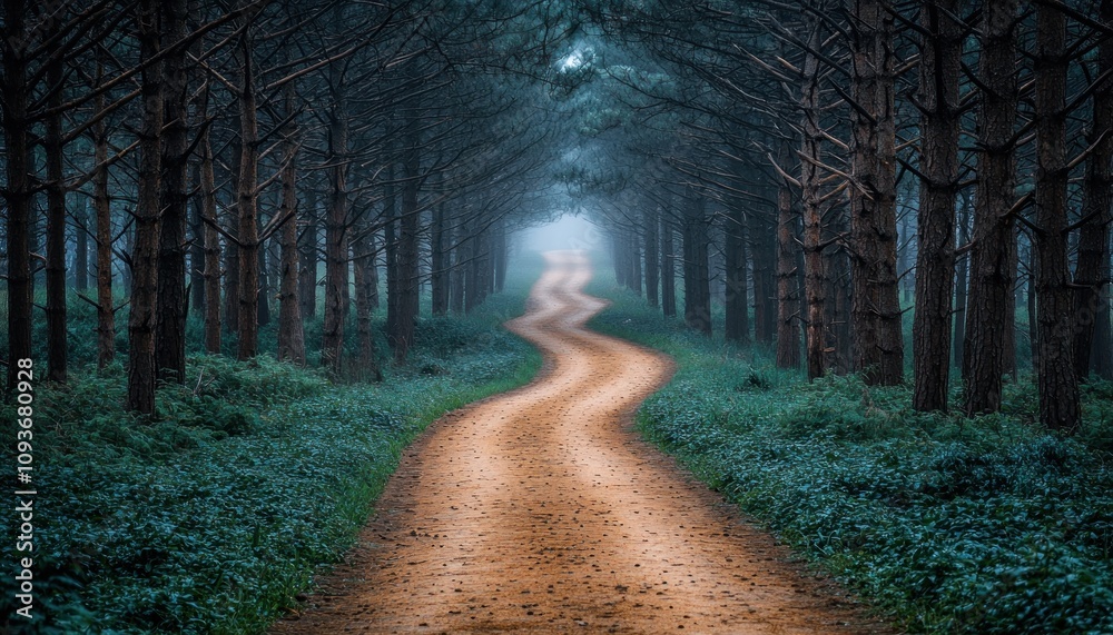 Poster a winding path through a misty pine forest