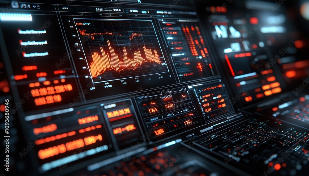 Poster A close-up of a futuristic digital dashboard with illuminated red and blue data.