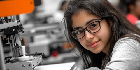 Close-up of a young female student with glasses in a STEM class, focused on a 3D printer working on a project