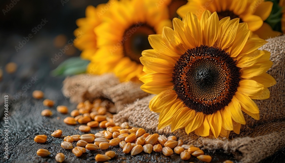 Poster a close-up of a sunflower with seeds scattered on a rustic wooden surface