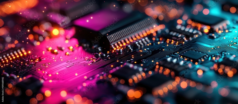 Poster Close-up of a Circuit Board with Vibrant Lights and Bokeh