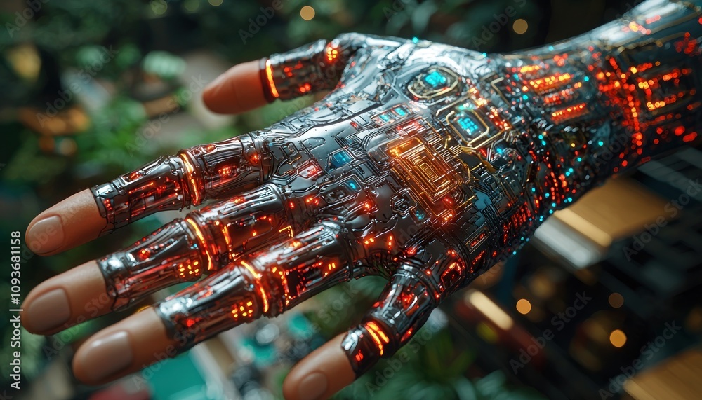 Aufkleber a cybernetic hand with glowing circuits and metallic finish