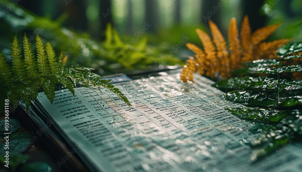 Poster a partially visible notebook covered in green leaves and water droplets