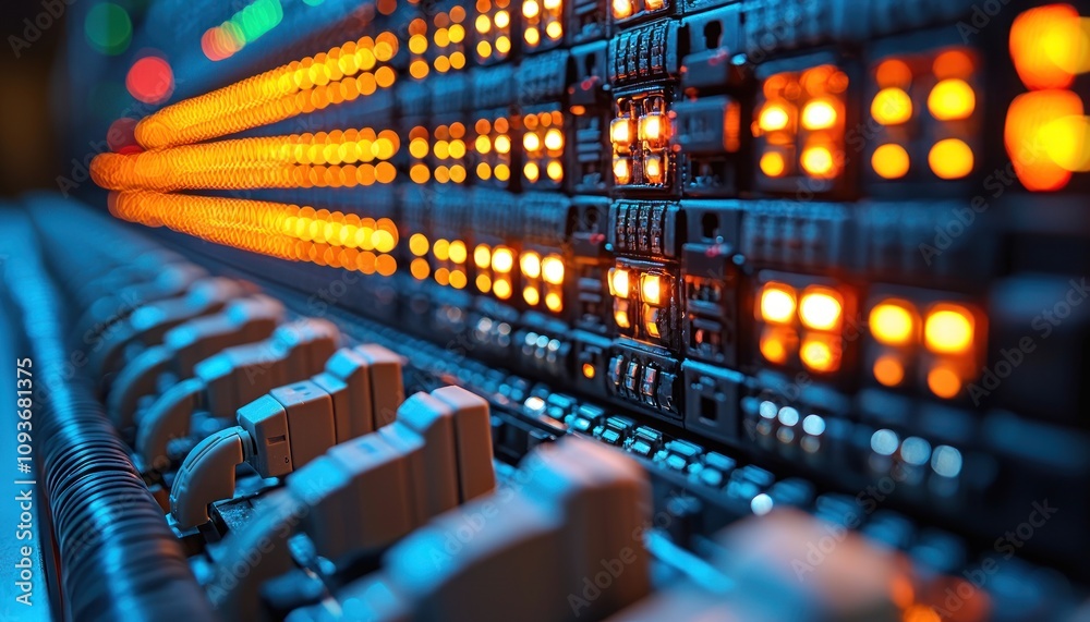 Aufkleber close-up of a server rack with lit up indicators