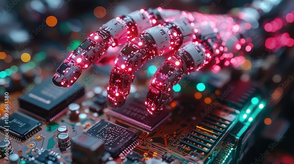 Poster robotic hand interacting with circuit board