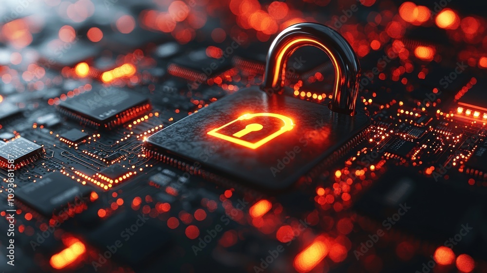 Poster a glowing lock icon on a circuit board with red lights