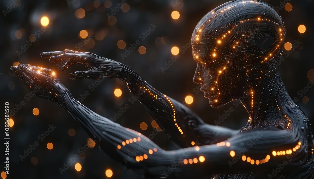 Poster a metallic humanoid figure with glowing circuits and bokeh lights