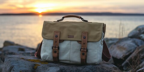 A minimalistic unisex messenger bag in neutral tones sits on a rock by the water during sunset, showcasing its practical and stylish design