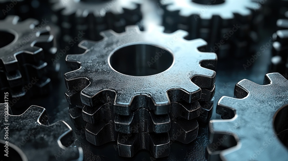 Poster close-up of interlocking metallic gears covered in droplets