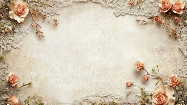 Elegant Floral Lace Frame: Vintage Roses and Delicate Lace Border on Beige Background