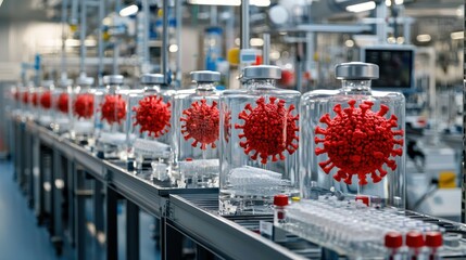 Coronavirus Models in Glass Jars on a Conveyor Belt in a Laboratory