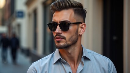 Obraz premium A stylish urban look with a well-groomed small beard styles, complemented by sleek sunglasses.