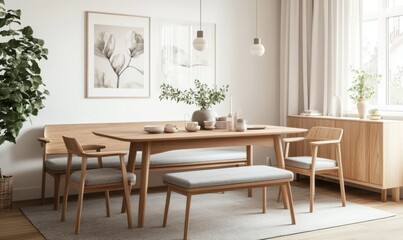 An airy dining room with natural wood furniture, including chairs and a table, set against white walls. a grey fabric bench seating area.