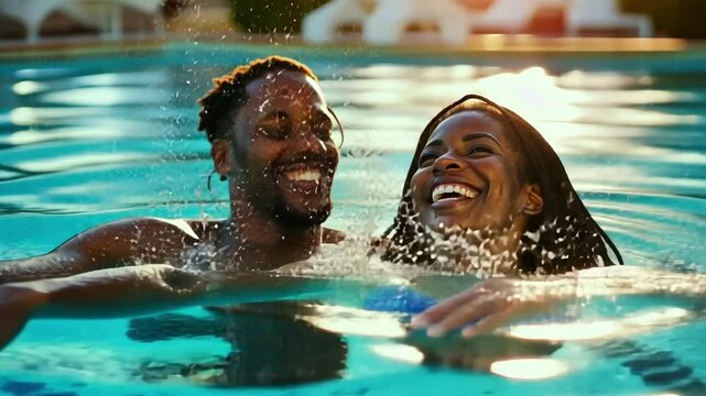 Radiant African American couple sharing a joyful moment in the sparkling pool waters