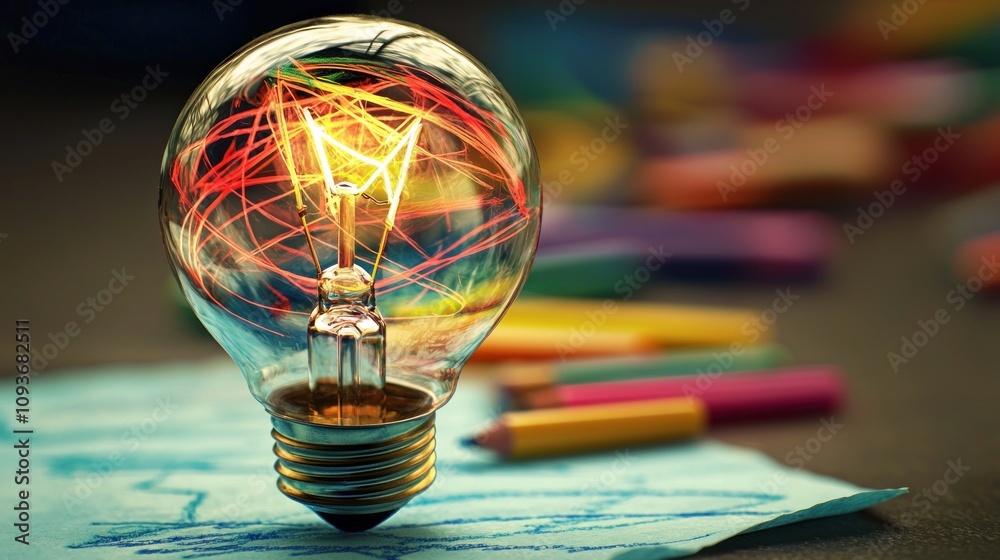 Aufkleber Lightbulb with Colorful Lines Inside on a Blue Surface