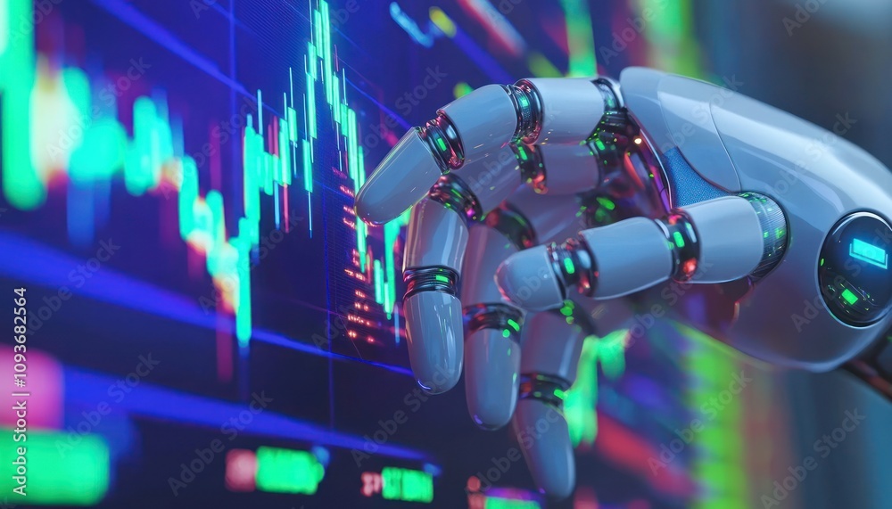 Poster robotic hand interacting with a stock market chart