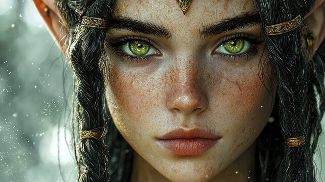 Close up portrait of a fantasy elf woman with green eyes and long black hair.