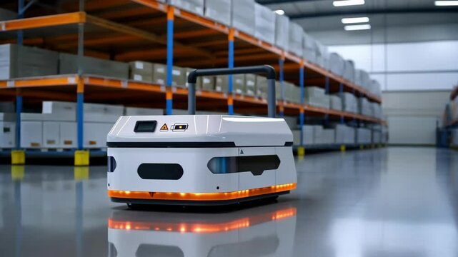 Self-guiding robot moves through a warehouse, optimizing logistics operations.