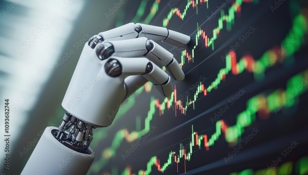 Poster robotic hand interacting with financial charts on a screen