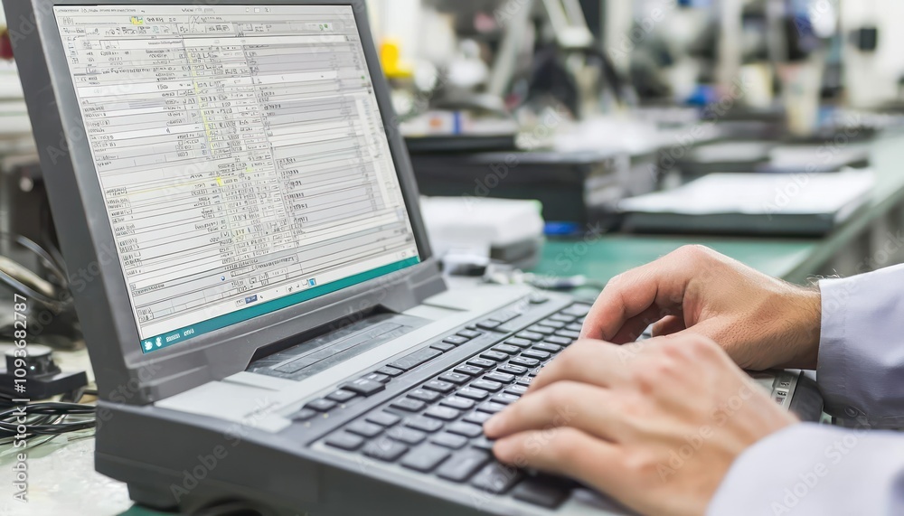 Aufkleber Close-up of Hands Typing on a Laptop Keyboard with Data Displayed on Screen