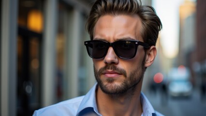 Obraz premium A well-groomed man with a neat small beard styles, sleek sunglasses, and a polished urban style.