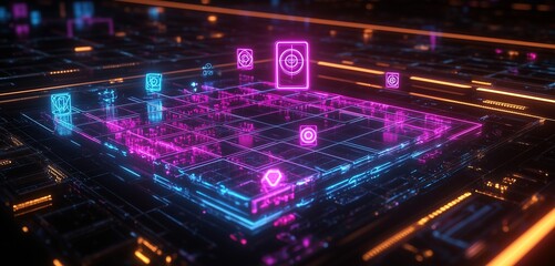 Fototapeta premium Neon-Lit, Futuristic Periodic Table with Hovering Element Symbols