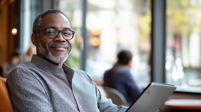Middle-aged African American man with a gentle smile reviewing his goals on a tablet in a modern spacious co-working space. The room with natural light, blurred people are working in the background