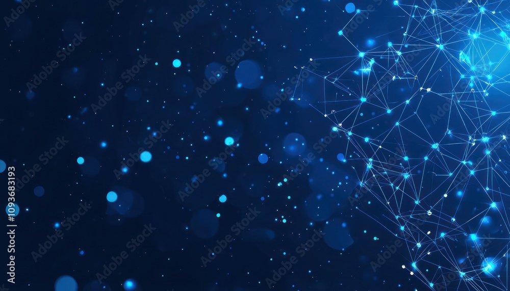 Poster abstract blue network with glowing points and blurred lights