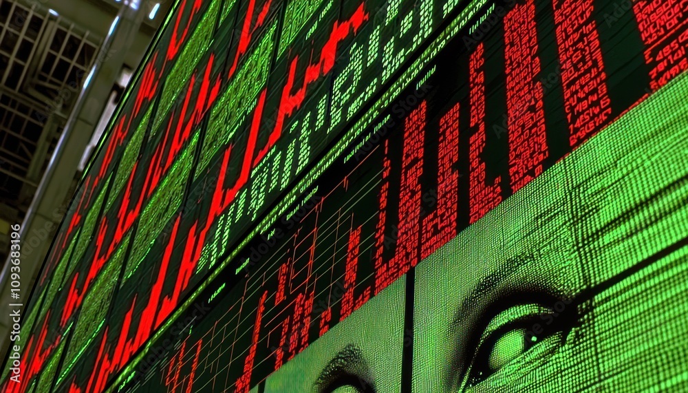 Aufkleber red and green led displays with a partial view of a human eye