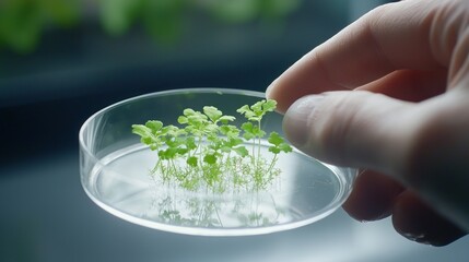 A Hand Holding a Petri Dish with Small Green Plants