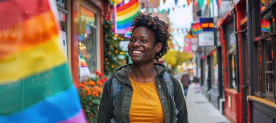 Obraz premium LGBTQ Pride Celebration on a Vibrant City Street with Rainbow Flags