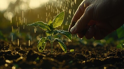 Fototapeta premium A Hand Gently Tending to a Delicate Sprout in the Rain