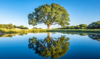 Obraz premium A massive tree stands alone near a still body of water, perfectly reflected in the surface with a bright blue sky above