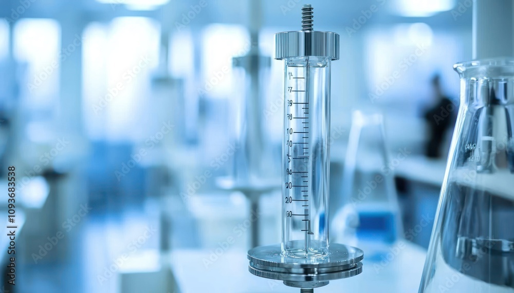 Poster close-up of a glass graduated cylinder with liquid in a laboratory setting