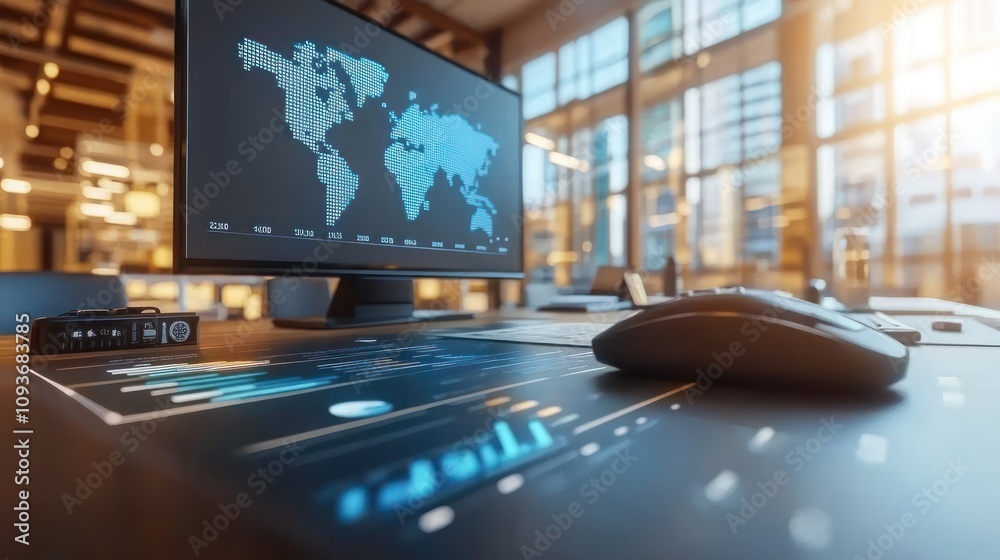 Aufkleber A World Map on a Computer Screen in a Modern Office Setting