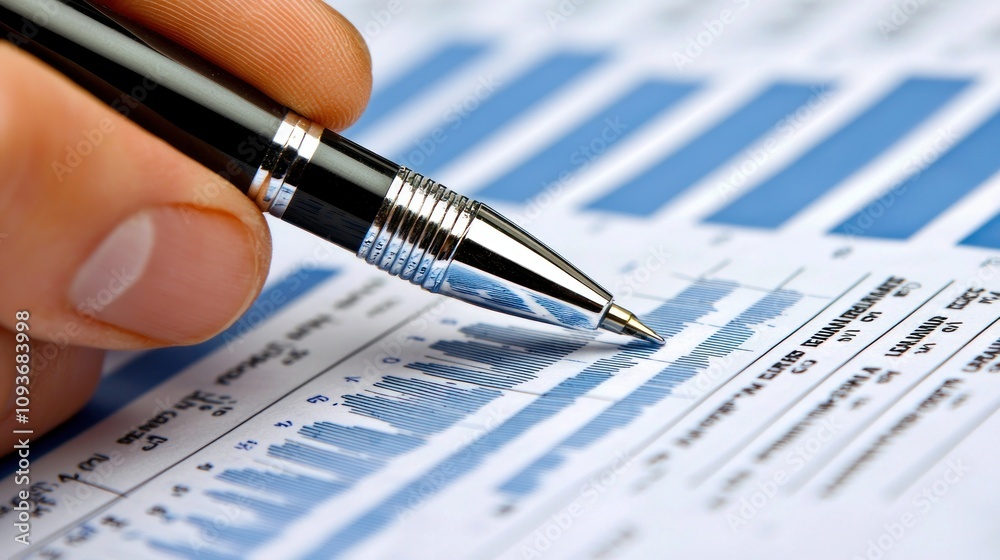 Aufkleber a pen pointing at a bar graph on a financial report