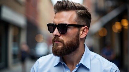 Obraz premium A sharp small beard styles on a man, accompanied by a crisp shirt and sunglasses in an urban setting.