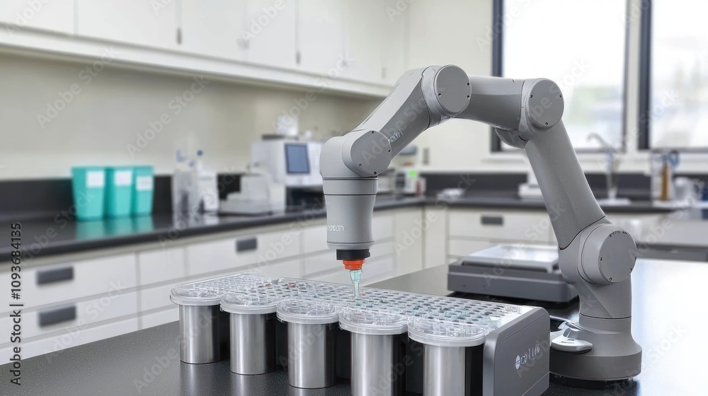 Poster robotic arm dispensing liquid into microplate wells in a laboratory setting