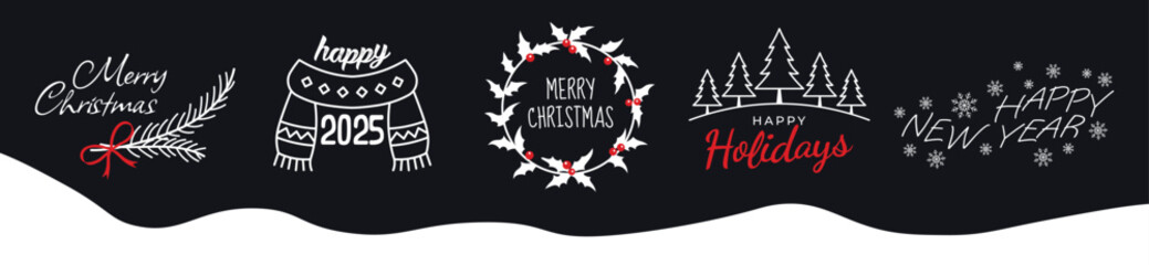 Merry Christmas, Happy New Year vector logo, emblems, text design