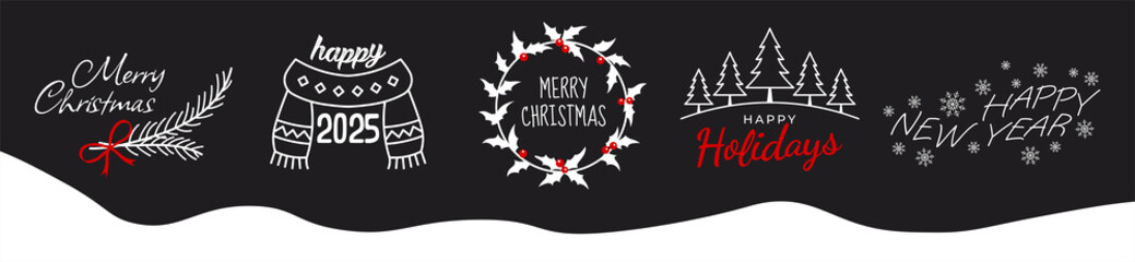 Merry Christmas, Happy New Year vector logo, emblems, text design
