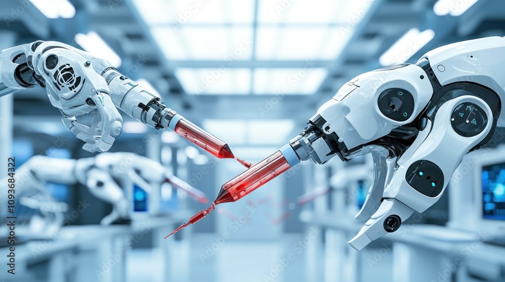 Aufkleber Robotic Arm with Syringe Holding Red Liquid in a Lab Setting