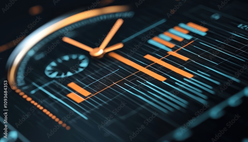 Poster Abstract Clock with Orange and Teal Lines on a Dark Background