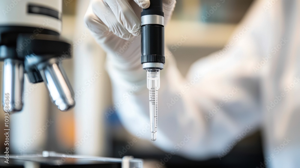 Poster Close-up of a Pipette Held by Gloved Hands in a Laboratory Setting