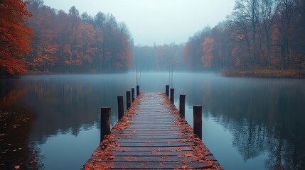 Calm Misty Morning at a Scenic Wooden Dock Surrounded by Vibrant Autumn Trees Reflecting in Still Water in a Serene Natural Environment