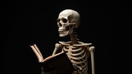 Skeleton Holding a Book Against a Black Background